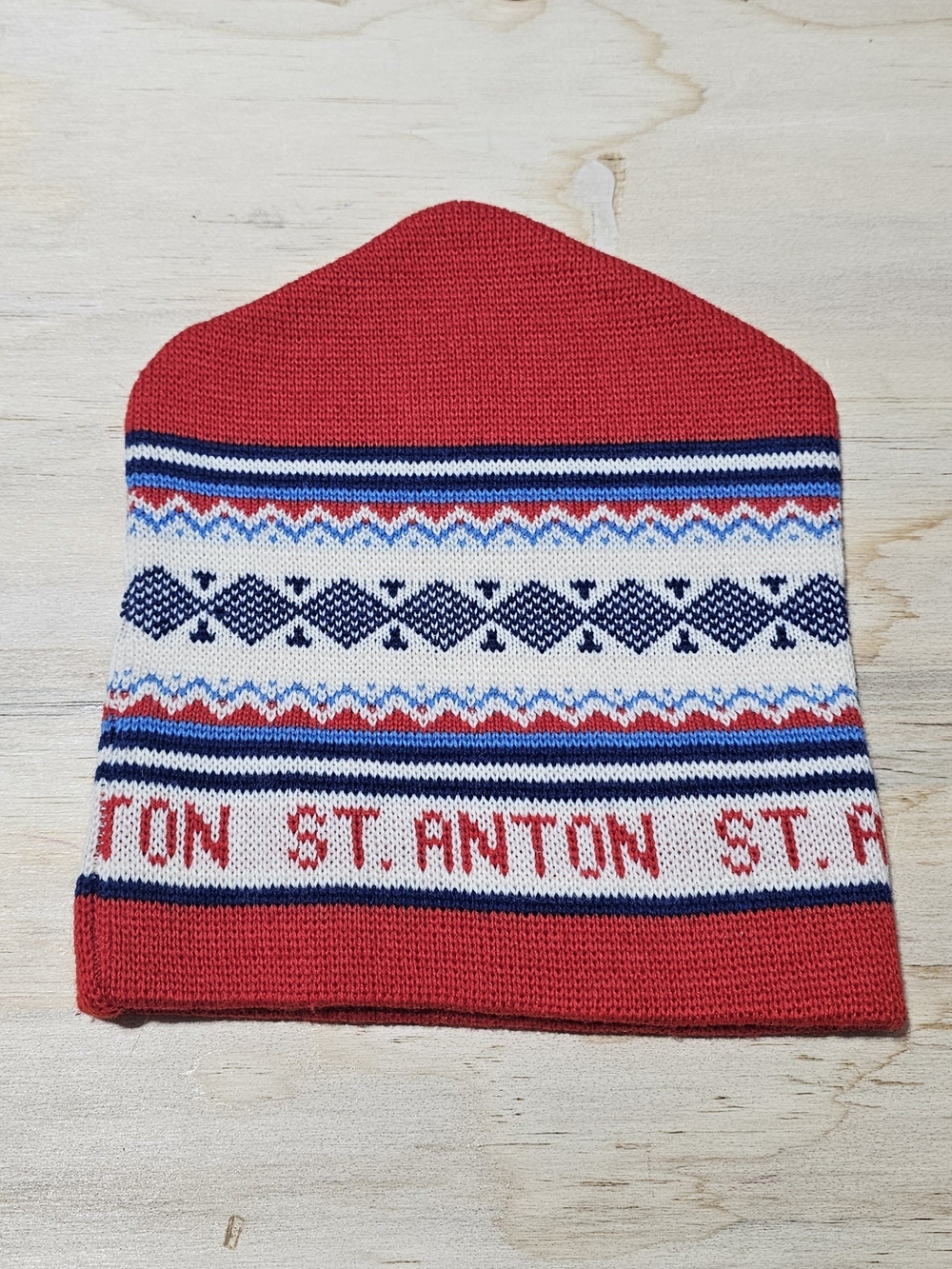 RARE Vtg St. Anton Ski Knit Hat 100% Wool Nordic Print Red Blue White Outdoor